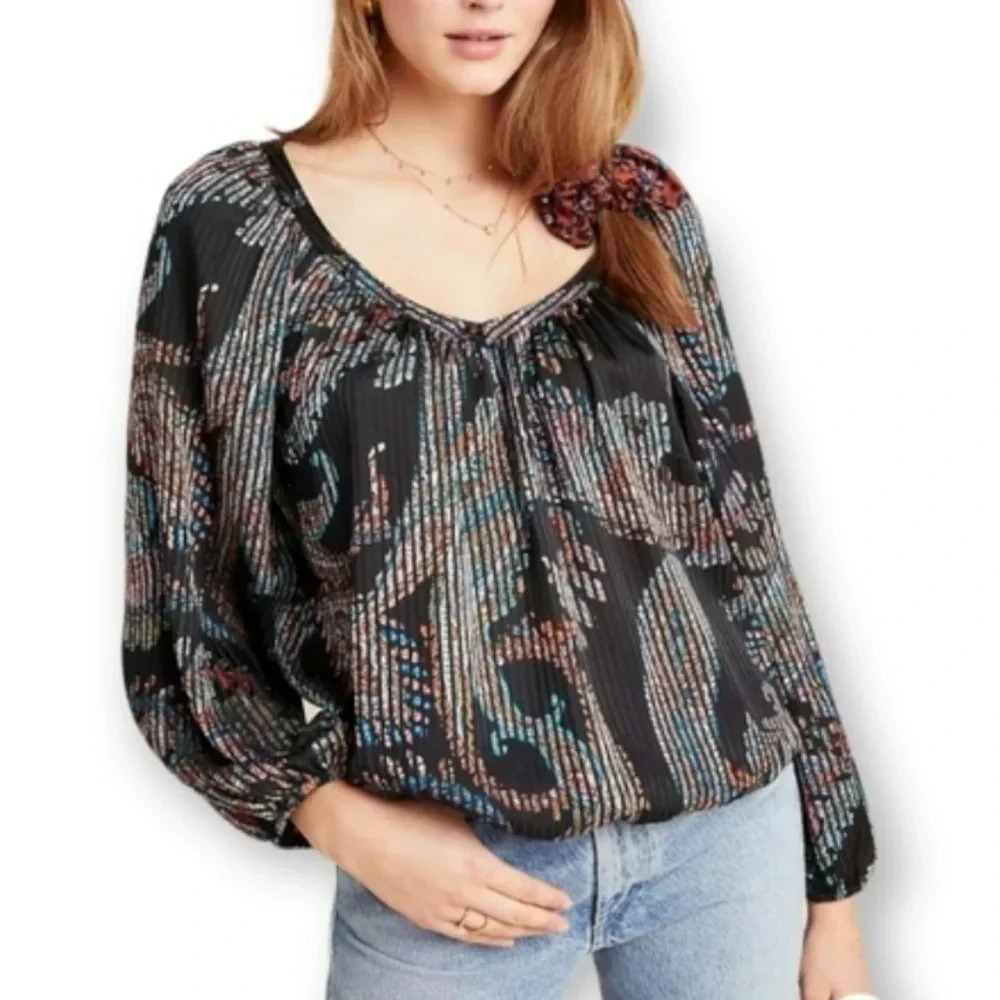 Anthropologie Maeve Madeira Satin Blouse Paisley With Burnout Stripes Medium